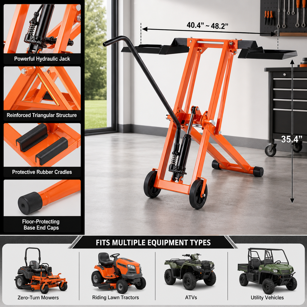 Hydraulic Lawn Mower Lift, 500 LBS Heavy‑Duty Load Capacity, Solid Carbon Steel Frame, Adjustable Universal Lifting Stand, Reinforced Triangular Structure, Fits Zero‑Turn Mowers, Riding Tractors, ATVs & Utility Vehicles, Orange