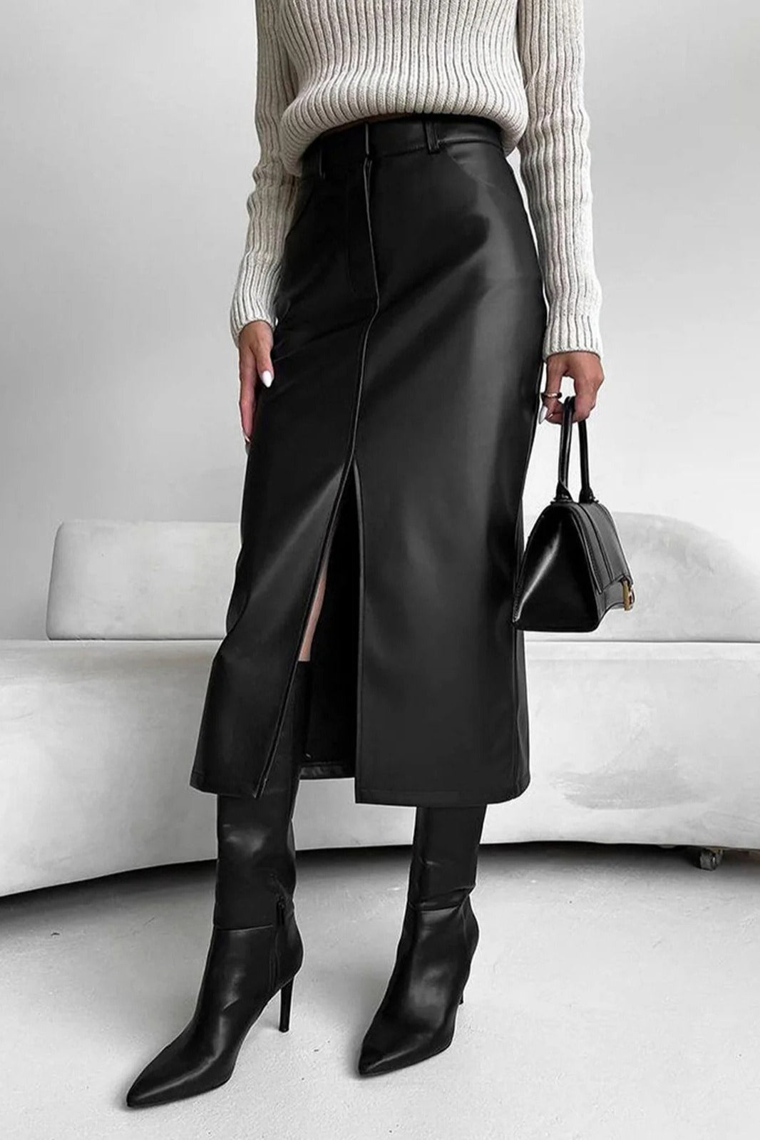 Vintage Leather High Waist Split Skirt