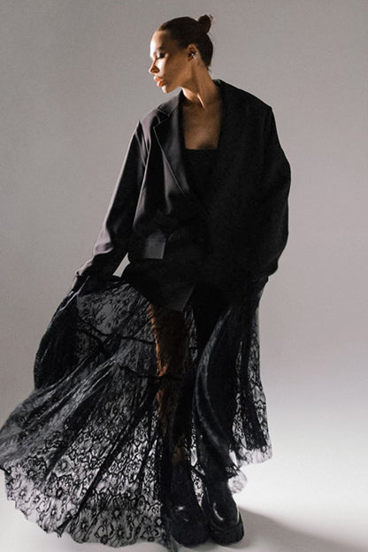 Black Lace Panel Boho Maxi Skirt