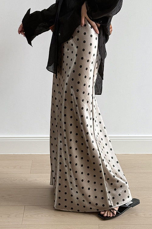 Vintage Polka Dot Satin High Waist A-line Midi Skirt