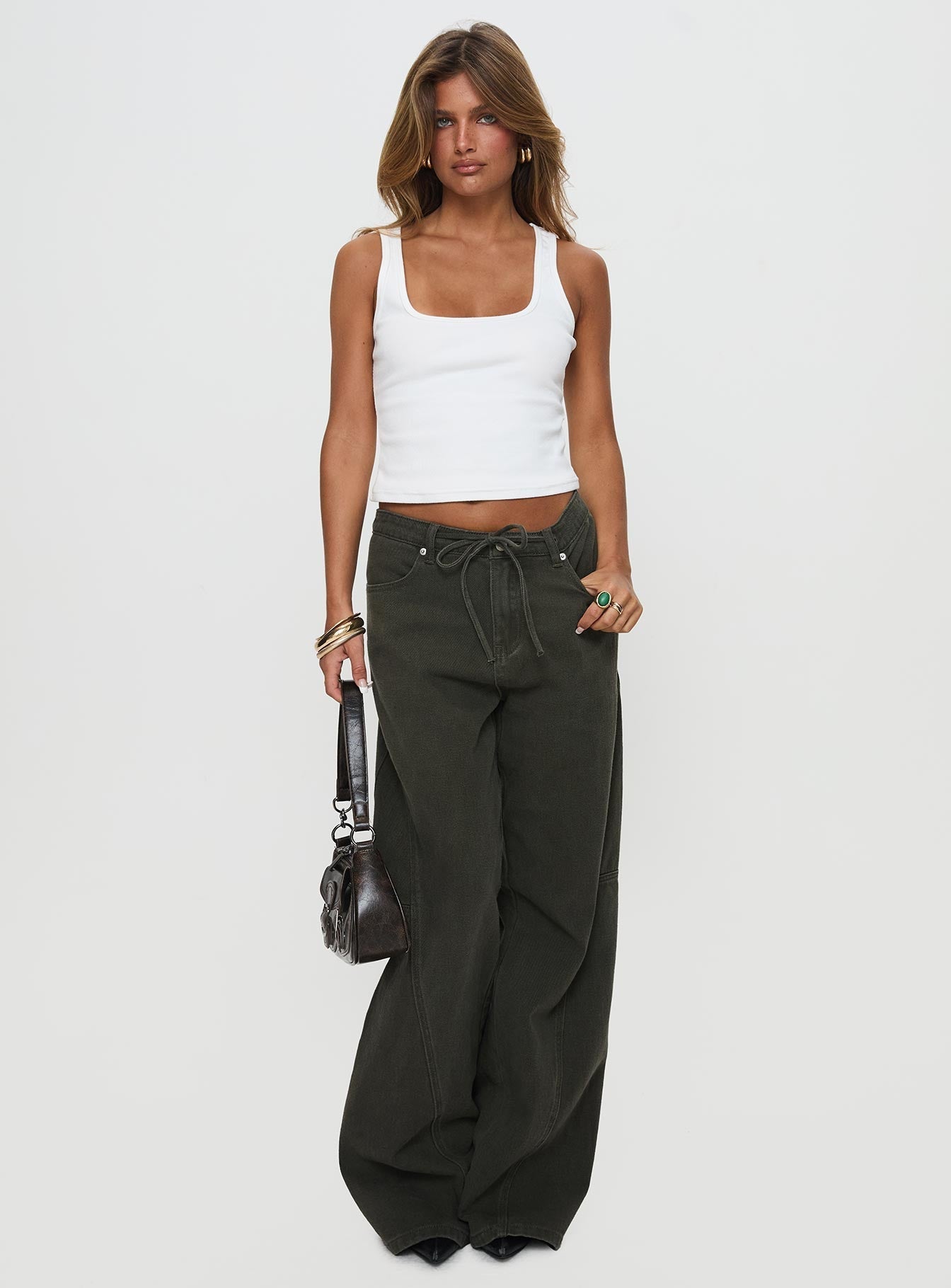 Bruiser Tie Waist Mid Rise Wide Leg Jeans Green