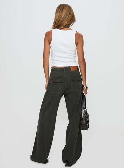 Bruiser Tie Waist Mid Rise Wide Leg Jeans Green Petite