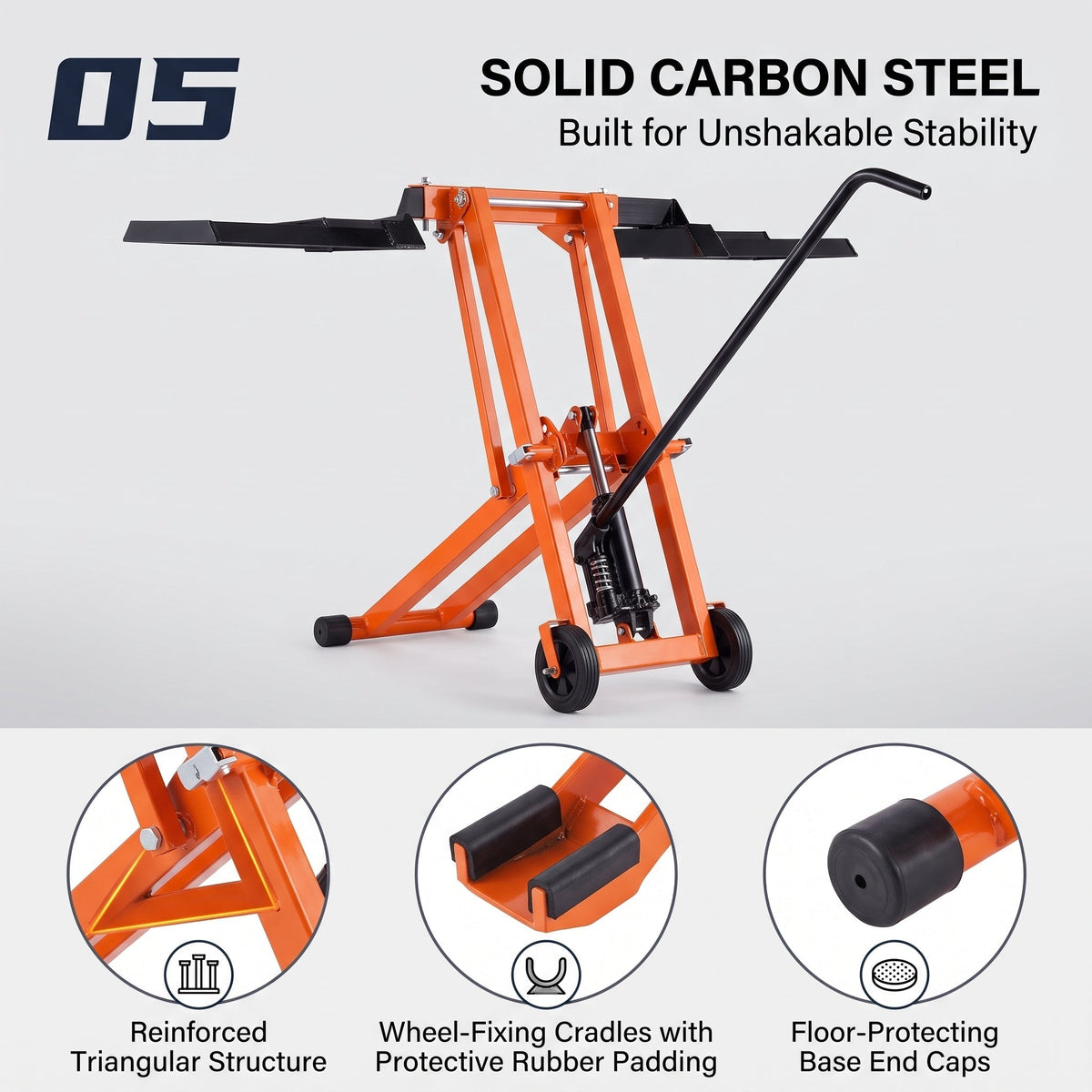 Hydraulic Lawn Mower Lift, 500 LBS Heavy‑Duty Load Capacity, Solid Carbon Steel Frame, Adjustable Universal Lifting Stand, Reinforced Triangular Structure, Fits Zero‑Turn Mowers, Riding Tractors, ATVs & Utility Vehicles, Orange
