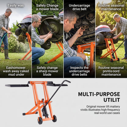 Hydraulic Lawn Mower Lift, 500 LBS Heavy‑Duty Load Capacity, Solid Carbon Steel Frame, Adjustable Universal Lifting Stand, Reinforced Triangular Structure, Fits Zero‑Turn Mowers, Riding Tractors, ATVs & Utility Vehicles, Orange