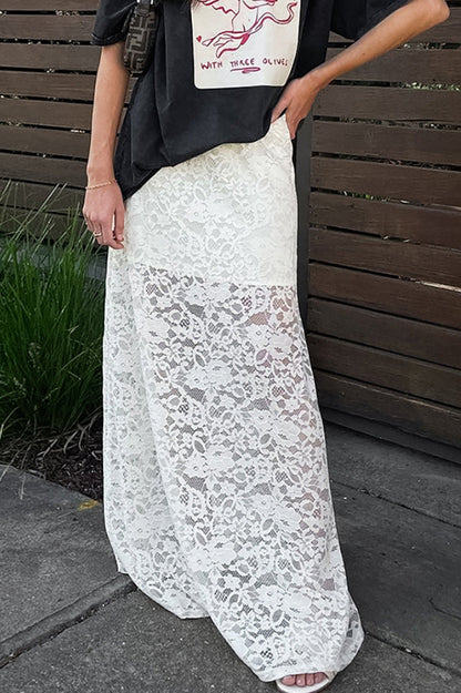 White Lace Sheer High Waist A-Line Skirt