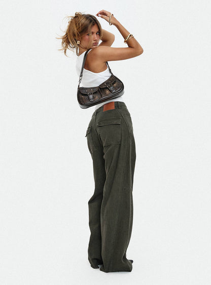 Bruiser Tie Waist Mid Rise Wide Leg Jeans Green Petite