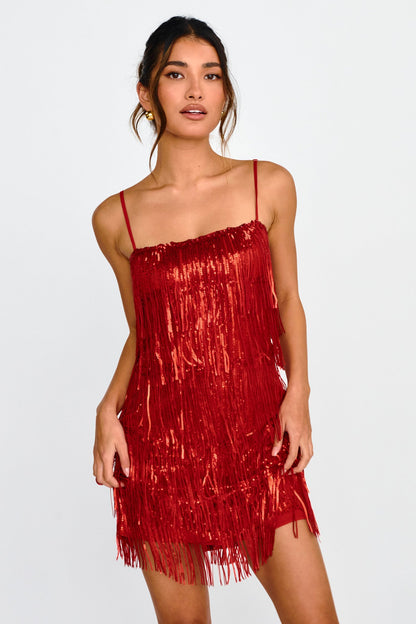 New York Nights Sequin Fringe Mini Dress Red