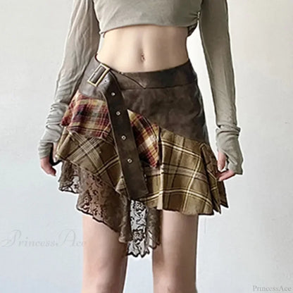 Asymmetrical Lace Stripes Plaid Skirt