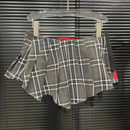 Cotton Lace Patchwork Plaid Skirt