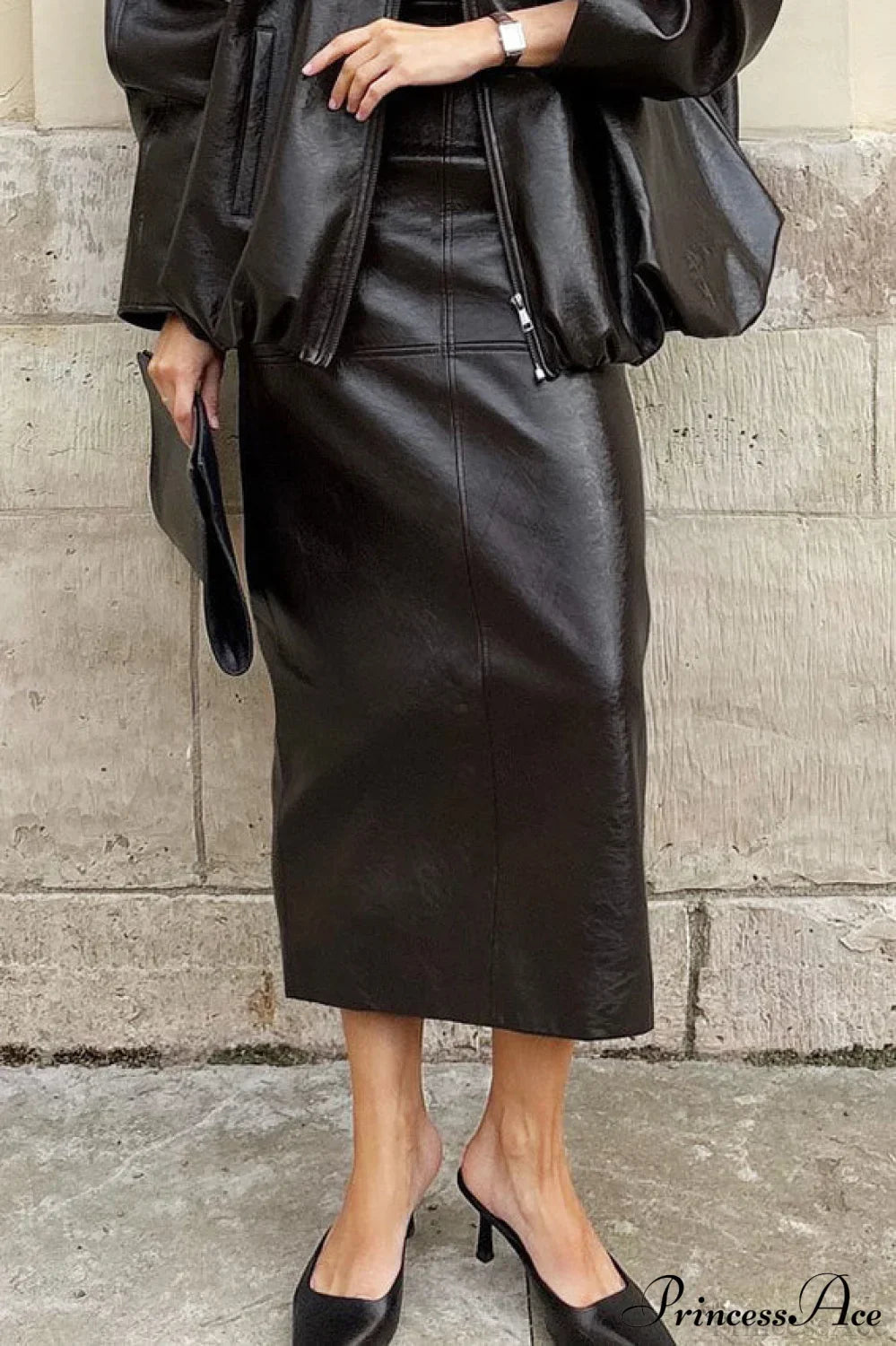 Elegant PU Leather Midi Slit Skirt