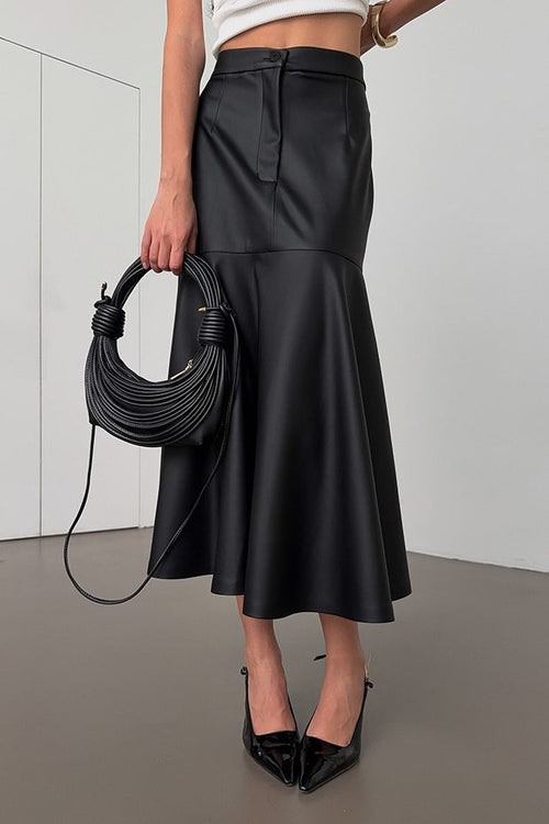 Vintage High-Waist A-Line Midi PU Leather Skirt