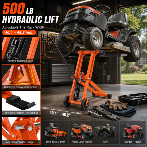 Hydraulic Lawn Mower Lift, 500 LBS Heavy‑Duty Load Capacity, Solid Carbon Steel Frame, Adjustable Universal Lifting Stand, Reinforced Triangular Structure, Fits Zero‑Turn Mowers, Riding Tractors, ATVs & Utility Vehicles, Orange