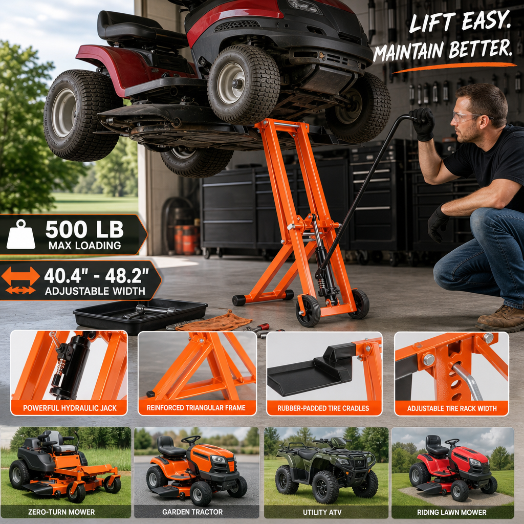 Hydraulic Lawn Mower Lift, 500 LBS Heavy‑Duty Load Capacity, Solid Carbon Steel Frame, Adjustable Universal Lifting Stand, Reinforced Triangular Structure, Fits Zero‑Turn Mowers, Riding Tractors, ATVs & Utility Vehicles, Orange