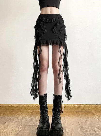 Mesh Patchwork Ruffled Mini Skirt