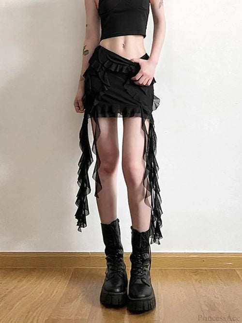 Mesh Patchwork Ruffled Mini Skirt