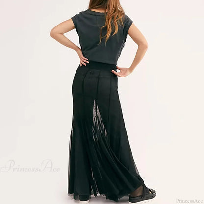 Mesh Sheer Ruffle Midi Skirt