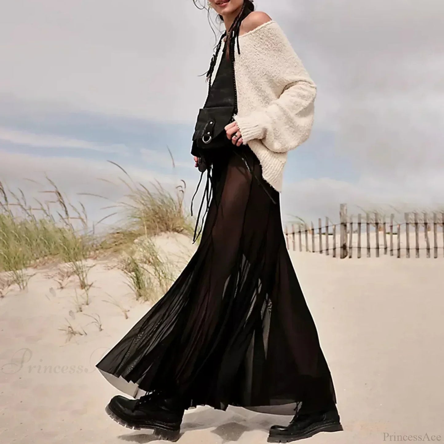 Mesh Sheer Ruffle Midi Skirt