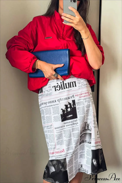 Newspaper Print High Waist Midi Skirt