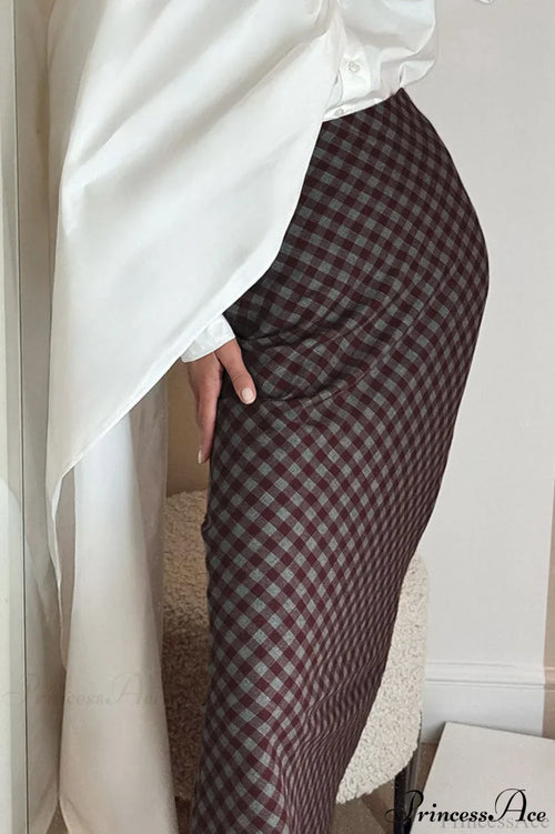 Retro Plaid Cotton Maxi Straight Skirt