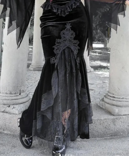 Velvet Lace Patchwork Trumpet Skirt