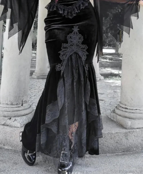 Velvet Lace Patchwork Trumpet Skirt