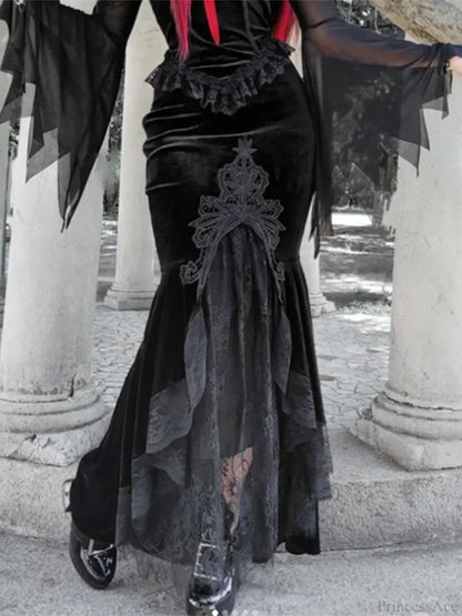 Velvet Lace Patchwork Trumpet Skirt